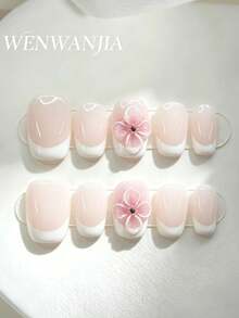 10片手工法式3D花朵美甲貼片 長杏仁形 附3D花朵與水鑽裝飾 粉色/裸色亮粉效果 新INS歐美中長尖頭款 藝術美甲 高端簡約度假風 粉白3D花朵優雅款 夏季辣妹美甲 適合女性與女孩日常與派對佩戴 溫柔知性 全覆蓋長款穿戴甲 - 彩色 - 查看 1