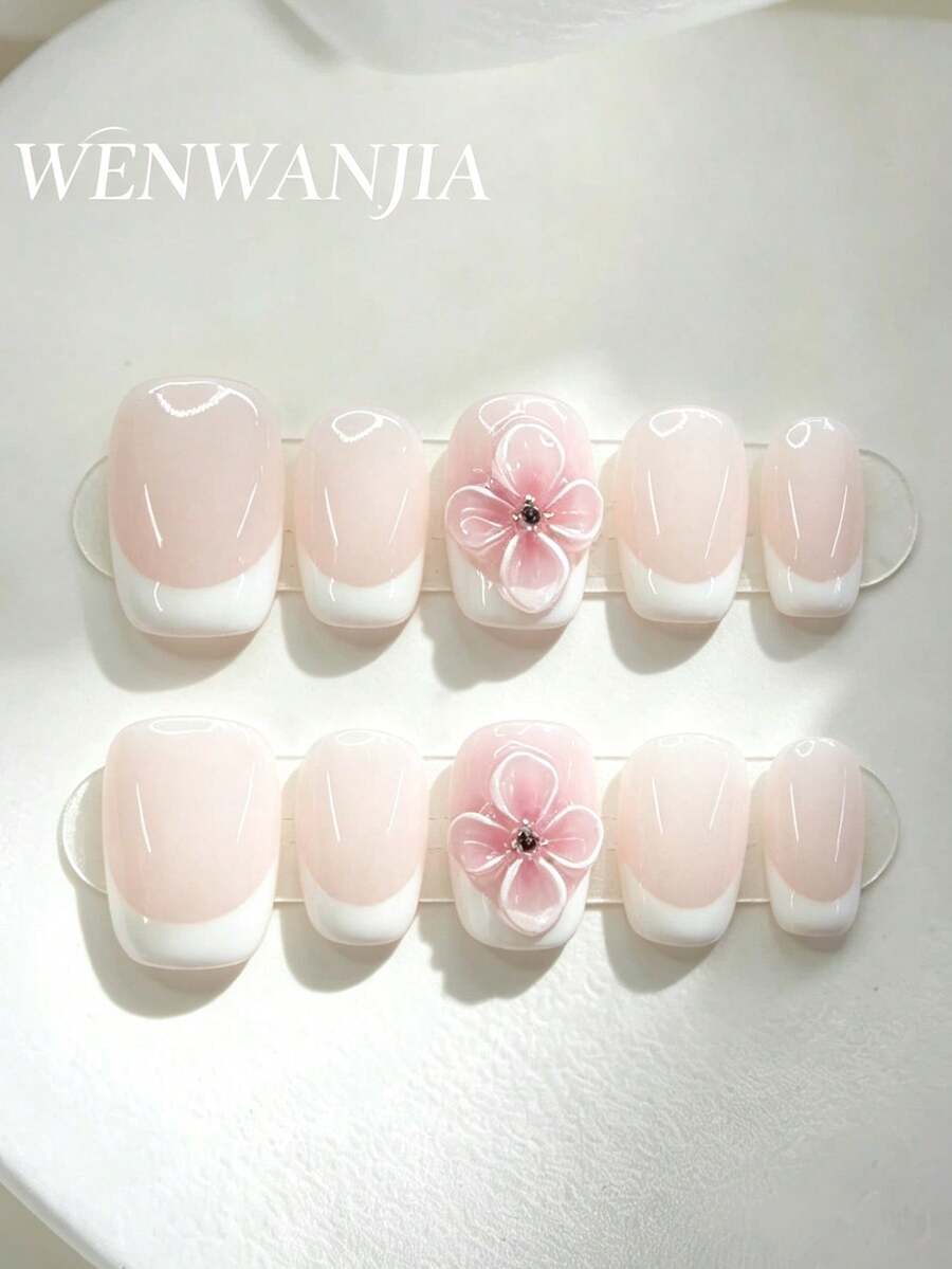 10片手工法式3D花朵美甲貼片 長杏仁形 附3D花朵與水鑽裝飾 粉色/裸色亮粉效果 新INS歐美中長尖頭款 藝術美甲 高端簡約度假風 粉白3D花朵優雅款 夏季辣妹美甲 適合女性與女孩日常與派對佩戴 溫柔知性 全覆蓋長款穿戴甲 - 彩色 - 查看 1