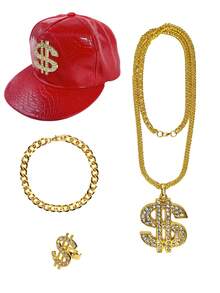 4Pcs D EXCEED 80s 90s Hip Hop Costumes Outfit Kit Fake Gold Chain Necklace Dollar Sign Cap Jewelry Set Rapper Accessories - Multicolor - View 5