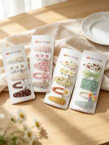 5pcs Handmade Daisy Hair Clips Set, Vintage Lace Embroidered Flower Hair Clips, Polka Dot And Plaid Print Fabric Hair Clips, Suitable For Children - Multicolor - View 1