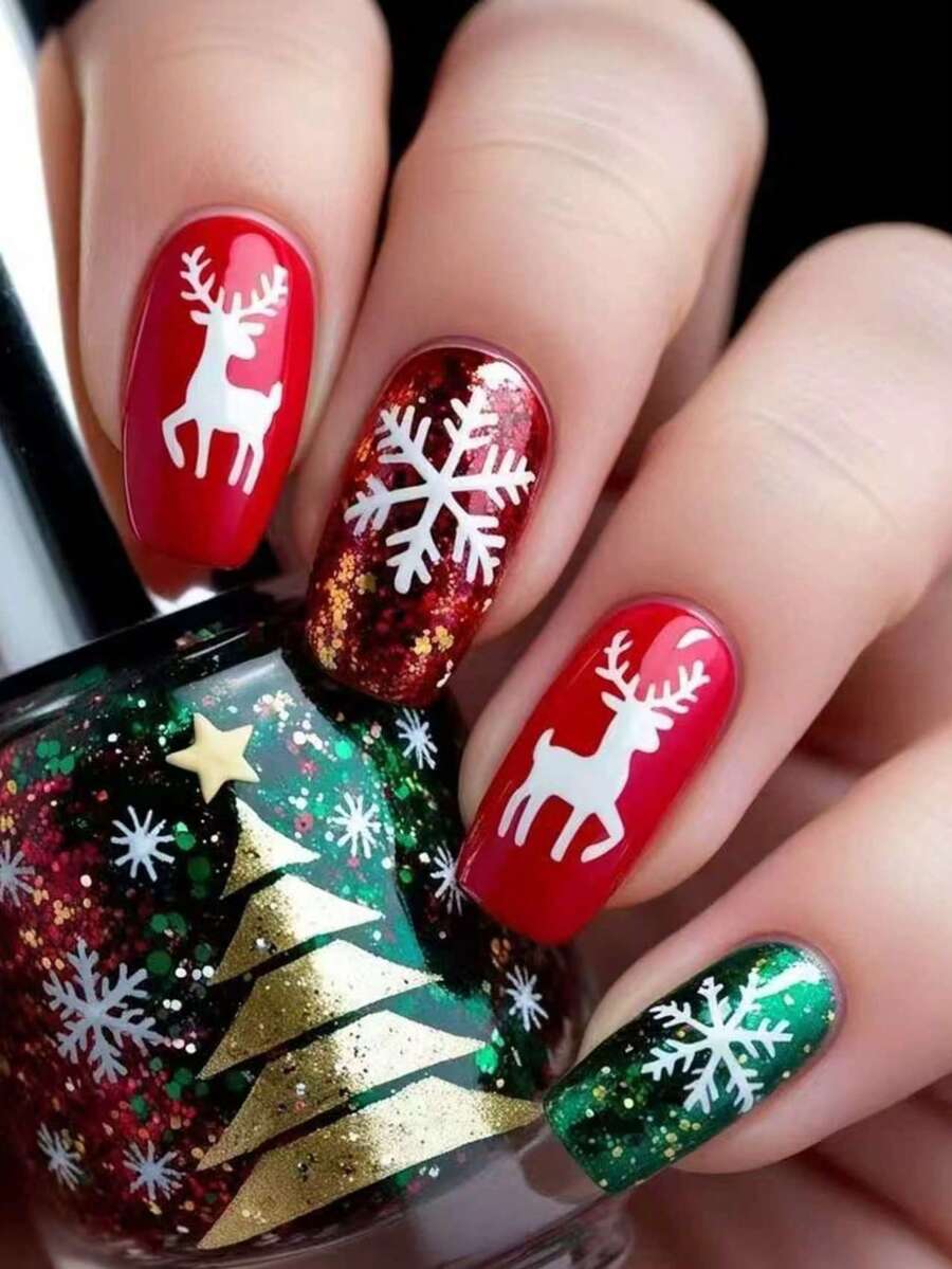 24 Peças de Unhas Postiças Curtas Brilhantes com Padrão de Floco de Neve de Natal, Adesivos de Unha de Rena, Removíveis e Reutilizáveis, Unhas Postiças Multicoloridas para Viagem, Festa, Eventos e Feriados - Vermelho - Visão 1