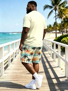 2pcs Set Plus Size Men's Coconut Tree Print Short Sleeve Shirt And Drawstring Shorts Set, Round Neck Tee With Breathable Soft Fabric, Cozy Outfits - Beige - View 3