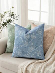 Floral Pillowcase, Linen Texture Decorative Pillowcase With White Line Floral Pattern, Perfect Decorative Pillow For Sofa, Bed, Home And Outdoor Use - Blue - View 5