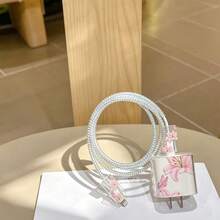 5入印花蝴蝶向日葵玫瑰圖案 TPU 充電線保護套 16/15/14 數據線保護套，相容 Apple 18/20W，可愛數據線保護套 - 粉色 - 查看 4