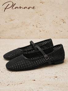 planare New Women's Popular Summer Fashion Minimalist Elegant Woven Solid Color Mesh Design Slip-On Square Toe Adjustable Strap Buckle Flat Black Mary Jane Shoes, Suitable For Daily Commute, Dating, Office, Evening Party And Other Occasions, Cute Shoes, Ballet Shoes, Comfortable Women's Shoes, Apartment, Women's Apartment, Black Flat Shoes, Mary Jane Shoes, Mules, Elegant Women's Shoes - Black - View 2