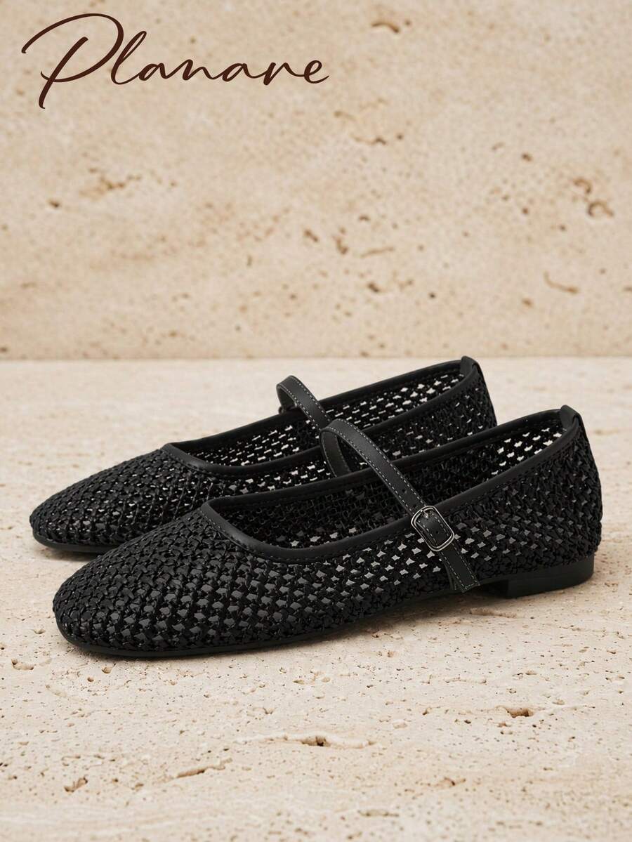planare New Women's Popular Summer Fashion Minimalist Elegant Woven Solid Color Mesh Design Slip-On Square Toe Adjustable Strap Buckle Flat Black Mary Jane Shoes, Suitable For Daily Commute, Dating, Office, Evening Party And Other Occasions, Cute Shoes, Ballet Shoes, Comfortable Women's Shoes, Apartment, Women's Apartment, Black Flat Shoes, Mary Jane Shoes, Mules, Elegant Women's Shoes