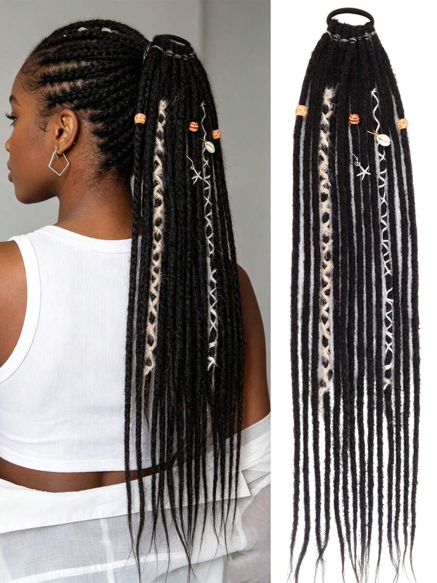 24 Inch Black, Gold, Gradient Brown Straight Hair Hippie Style 14 Strands Handmade Synthetic Fiber Crochet Braids Hair Extensions, Suitable For Women