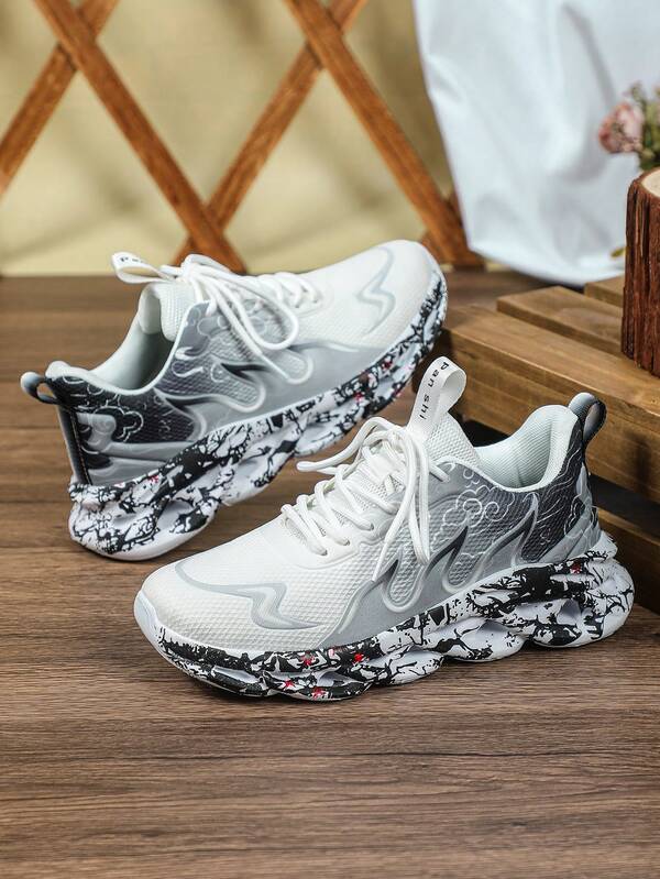 Gradient Men White Black Running Sneakers,Wedge Thick Printed Sole Light Joggers,All Season Comfort Footwear For Gym Commute Street Outdoor Trips