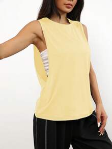 Spring/Summer Loose Comfortable Minimalist Solid Color Casual Running Fitness Sports Sleeveless Pullover Top, 1pc - Light Yellow - View 6