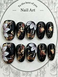 10pcs Handmade Short Black Base Gold Foil Flower Pattern Fake Nails, Simple & Fashionable, Suitable For Daily Wear And Holiday Gifts - Black - View 11