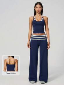 MASKERT Ladies' contrasting color back vest sports pants set yoga training running set tennis golf Pilates - 藏蓝色 - 查看 1