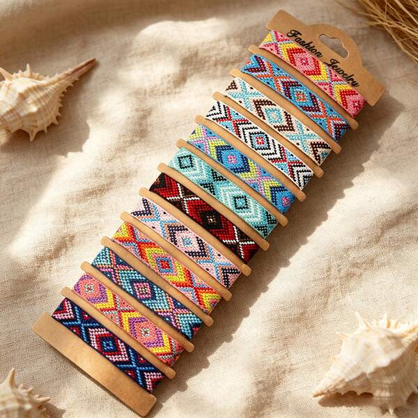 12pcs Unisex Polyester Fabric Handmade Woven Friendship Bracelet Set Ideal For Everyday Wear & Gift Giving