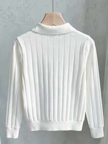 Boys' Casual Everyday Fashion Solid Color Half-Zip Pullover Knit Sweater With Turn-Down Collar, Comfortable Long Sleeve, Spring/Autumn - White - View 3