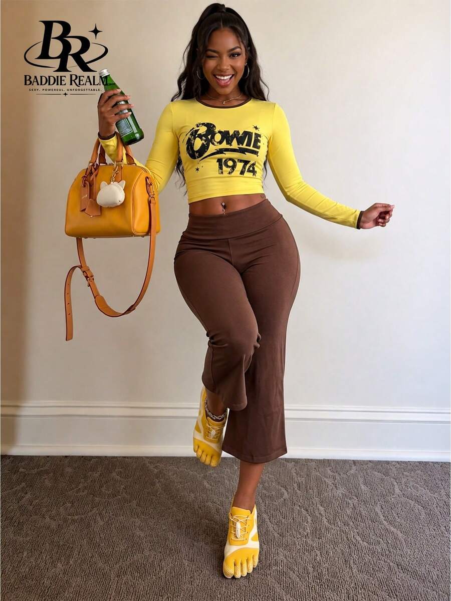 BADDIE REALM Set Pakaian Dalam Wanita 2 Potong Motif Huruf Elastis untuk Sehari-hari - Kuning - View 1