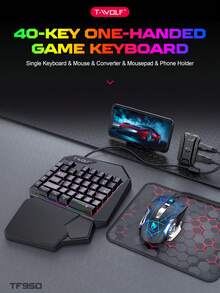 T-WOLF Gaming Set Mobile Phone Tablet One-Handed Keyboard Mouse Peripheral Throne Adapter Keyboard Mouse Set Mobile Gaming Gear One-Handed Keyboard 5-Piece Set One-Handed Keyboard Mouse Gaming Set Throne Mobile Game Mobile Gaming Gear Left-Hand Keyboard - View 3