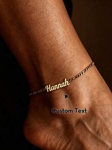1pc Customized Cursive Name Anklet, Personalized 18K Gold Plated Stainless Steel Figaro Chain Delicate Summer Foot Jewelry Women Gift - Gold - View 1