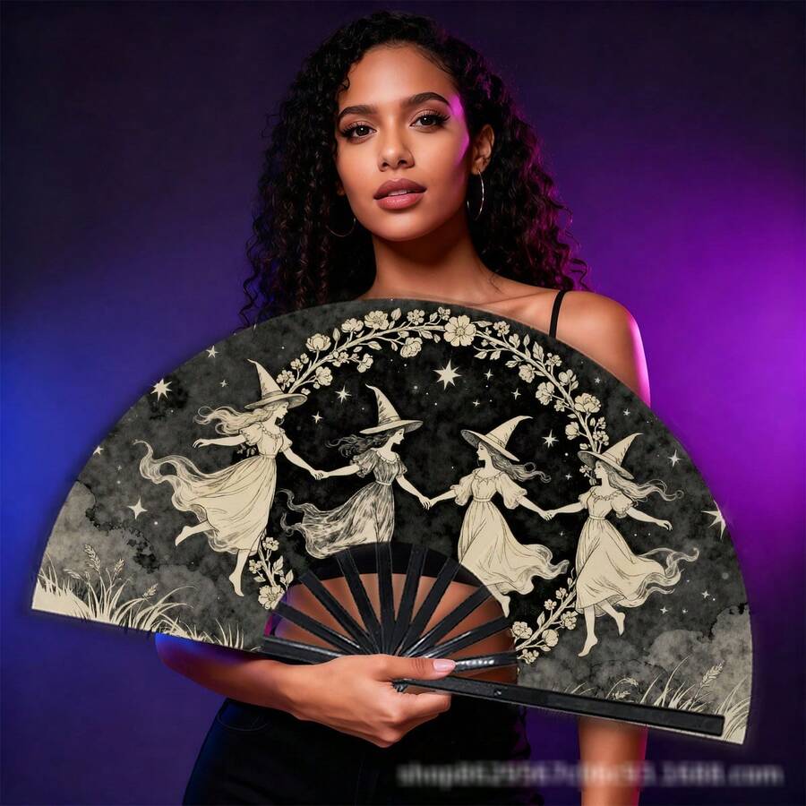 2pcs Women's Folding Fans, Vintage Witch & Magic Spell Pattern, Portable Cooling Fans, Suitable For Outdoor Activities, Travel And Parties, Halloween Use - Multiple Styles - View 1