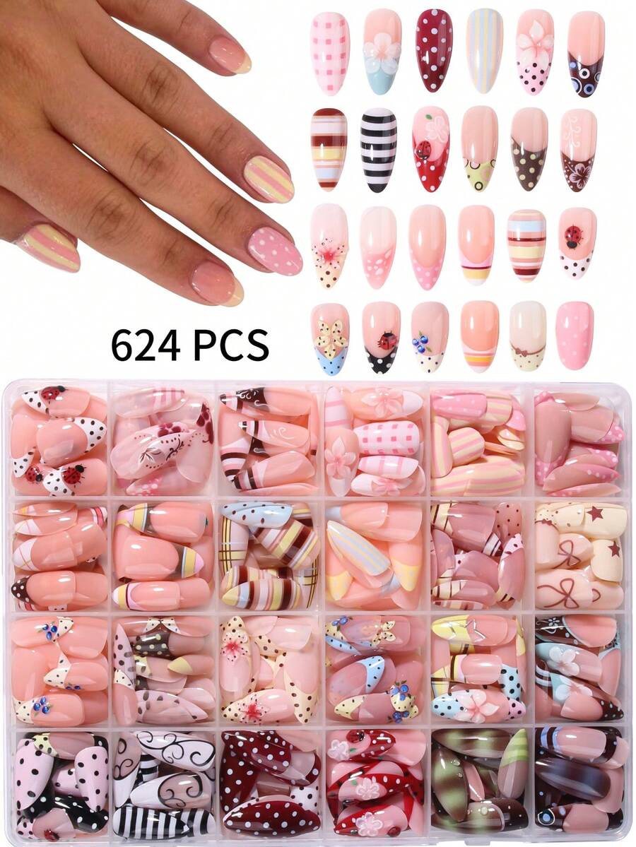 624pcs (24 Mixed Styles) Long Almond French Press-On Fake Nails, Polka Dot, Striped, Ladybug Pattern Design, Acrylic Set, Summer Nails And Polka Dot Nails - Multicolor - View 1