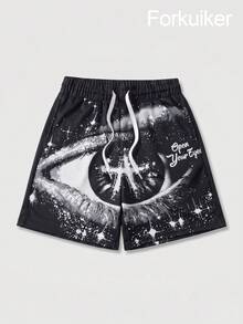 男士街頭生活圖案休閒短褲，宇宙之眼印花，抽繩腰頭，適合春夏日常休閒穿著的街頭下裝 - 黑色 - 查看 1
