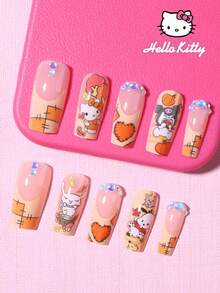 Sanrio Hello Kitty 24pcs Y2K Medium Square French Style Nail Stickers, Cute 3D Hello Kitty & Kuromi & Cinnamoroll, Heart, Maple Leaf, Rhinestone & Pearl Design, Perfect Fit Acrylic False Nails Set, Suitable For Daily And Party Use - Multicolor - View 3