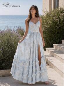 Blue Floral Chiffon V-Neck Backless Tiered A-Line Maxi Dress - 淺藍 - 查看 8