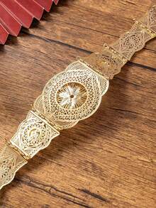 1pc Elegant Middle Eastern Hollow Fine Floral Carved Design Gold-Plated Arabic Wedding Waist Belt - Gold - View 5