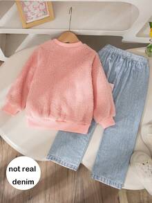 Setelan Kasual Anak Perempuan: Sweatshirt Lengan Panjang dan Celana Panjang Lurus Bahan Fleece Dua Sisi dengan Desain Pita 3D, Musim Gugur/Dingin - Berwarna merah muda - View 2