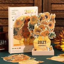 12pcs 2027 Floral Desktop Calendar, Van Gogh Oil Painting Vertical Planner, With Base And Card Slot, Home Office Decor, Ideal New Year And Birthday Gift - Single Piece - View 14