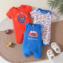 Conjunto 3 Macacões Curtos Masculinos Estampa Carros de Corrida, 100% Algodão, roupa de verão para bebê recém-nascido - Vermelho - Visão 1