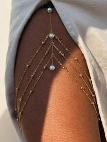 1pc Fashionable Versatile Women's Multi-Layer Leg Chain, Pearl Leg Accessory For Party And Banquet, Sexy Matching Accessory - Gold - View 1