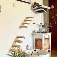 1pc Solid Wood Cat Climbing Ladder Jumping Platform Wall-Mounted Multi-Layer Sisal Rope Cat Tree DIY Wall-Hanging Cat Climbing Tower - Apricot - View 8