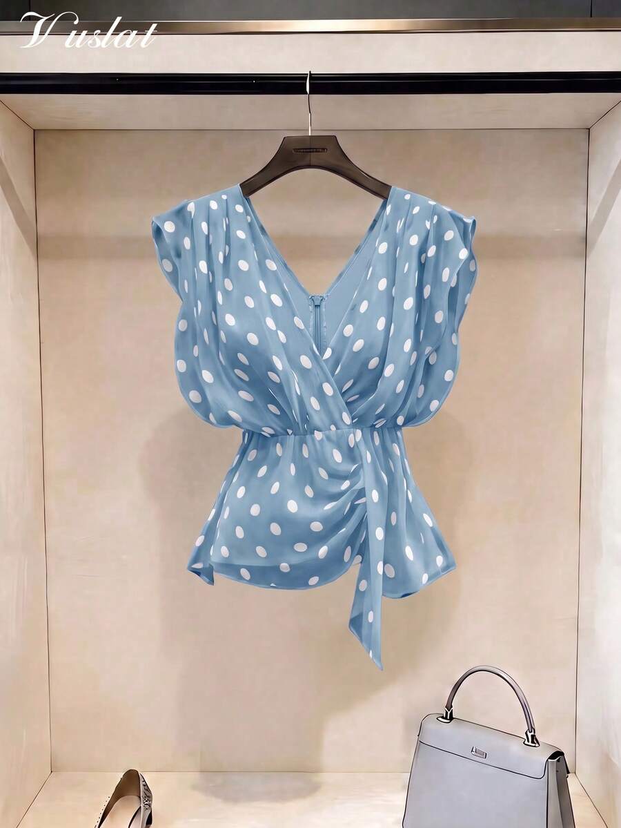 Vuslat 女款夏季法式優雅約會甜美雙V領設計優雅襯衫,新款夏季蝴蝶結腰部荷葉邊下擺波點雪紡上衣,適合辦公通勤、開學派對、日常穿著、派對聚會、休閒穿搭 - 藍色 - 查看 1