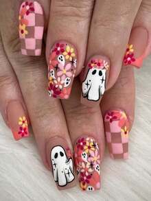 24pcs Long Coffin Shape Matte Halloween Nails, Pumpkin, Ghost, Bat, Blood Drop, Mummy, Spider Web Design, Square Nail Set Includes: 1pc Double-Sided Adhesive And 1pc Nail File, Halloween Nails Suitable For Women And Girls Daily Life And Party Use - Multicolor - View 8