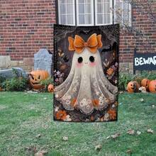 1pc 2D Flat Halloween Ghost Bow Garden Flag, Vintage Dark Spider Web Bat Autumn Outdoor Decor Flag, No Electricity Required, 12" X 18", Perfect For Various Garden And Patio Occasions (Flag Pole Not Included), Single-Sided Print - A - View 3