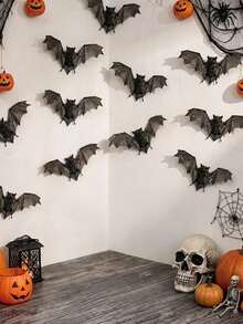 6pcs Halloween 3D Bat Wall Stickers, Realistic Flying Bat Wing Design Wall Decals, Vintage Gothic Horror Style Wall Decor, Removable Bat Decorations, Suitable For Home Walls, Windows, Doors, Halloween Party Background Decoration, Haunted House Decoration - A - View 5