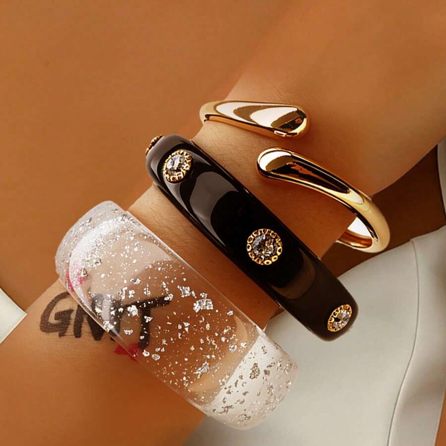 GNIT Women's Resin Gold-Tone Bracelet Set, 3pcs/1pc Stackable Bangles, Rhinestone & Silver Foil Asymmetrical Open Cuff, Personalized Jewelry - Translucent Blocks, Gold, and Black Diamonds. - View 1