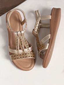 Bohemian Rhinestone Women's Sandals Comfortable Non-Slip Beach Shoes - Gold - View 4