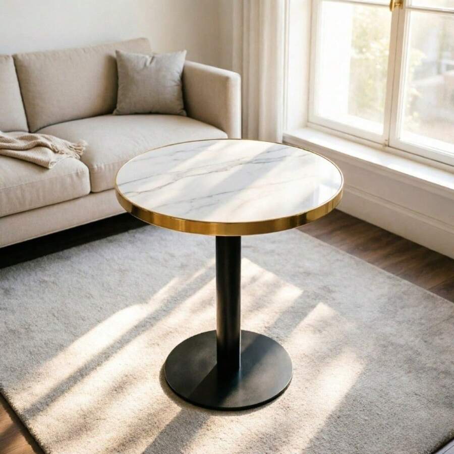Modern Round Side Table With A Gold Stainless Steel Frame And Marble-Look Top For The Living Room, Luxury Side Table With A Sturdy Base. - 白色+中密度纖維板 - 查看 1