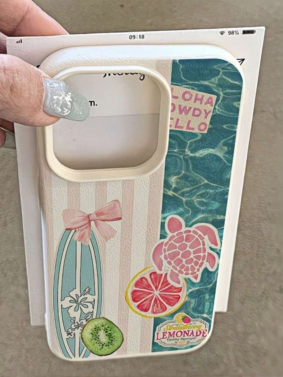 1件新款條紋衝浪板海龜可愛圖案 磨砂荔枝紋理 全鏡頭保護 TPU 時尚手機殼，適用於 Apple 11 12 13 14 15 16 17 Pro Max A56/55/54/53/52/51 S25/24/23/22/21 系列，防指紋保護殼 - 彩色 - 查看 1