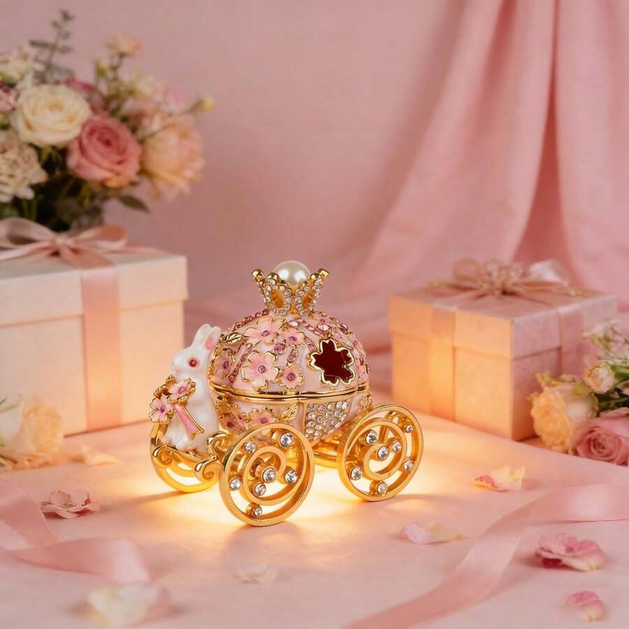 兔兔花卉小飾品收納盒 南瓜馬車水鑽琺瑯珠寶盒 迷你戒指耳環收納盒 浪漫桌面裝飾 女孩或女性禮物 聖誕節 - 淺粉色 - 查看 1