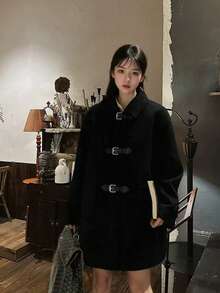 Mantel Wol Premium Kasual Longgar Lengan Panjang dengan Kerah Warna Polos untuk Wanita, Musim Gugur/Dingin - Hitam - View 8
