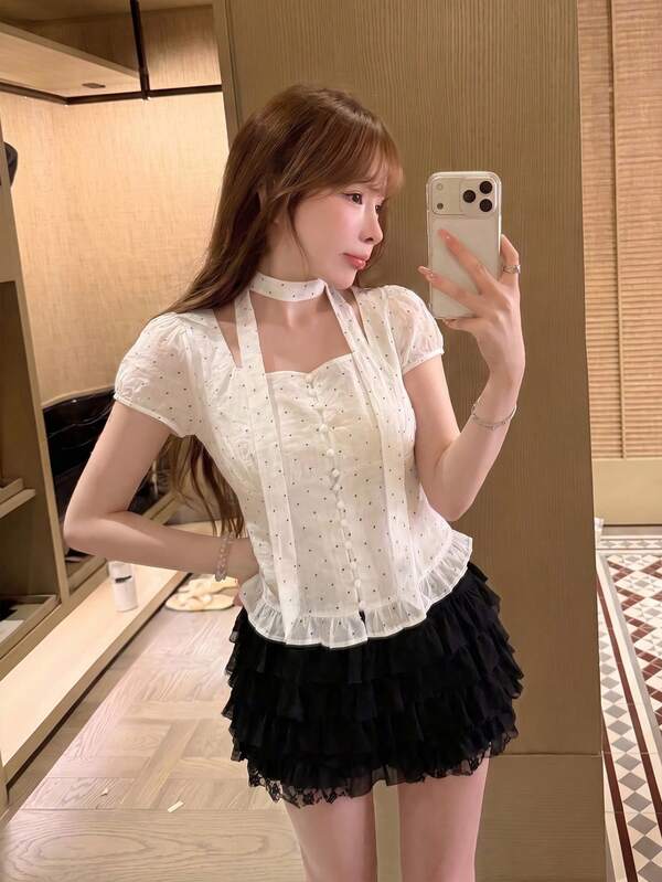 Polka Dot Lace Ruffle Collar Short Sleeve Blouse White Summer