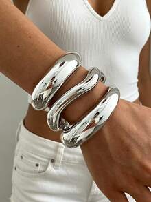 3/1pc Set Vintage Exaggerated Bohemian Style Wide Wave & Geometric Shape CCB Material Silver Open Bangle Bracelet For Women, Spring/Summer Daily, Party, Beach, Vacation, Gift Accessory - Silver - View 2