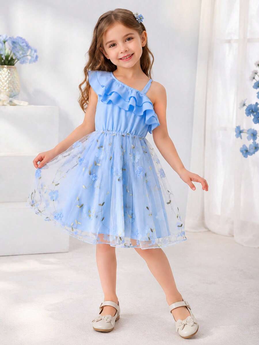 Young Girls Solid Color Ruffled Strap Embroidery Mesh Sundress - Baby Blue - View 1