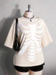 Colección verano 2026. Camiseta holgada mujer talla grande, estampado calavera y rosa gótico punk, estilo retro vanguardista. Tallas 3–7XL, apta otoño-invierno. Envío gratis 24h. - Albaricoque - Ver 16