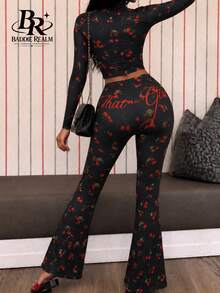 BADDIE REALM Women's 2pcs Slim Fit Cherry Print Stretch Vaction Athleisure - Multicolor - View 4