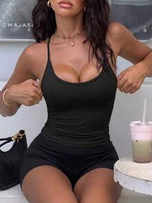 Solid Color Ribbed Backless Halter Tank Top, Suitable For Vacation And Beach Casual Black - Black - View 2