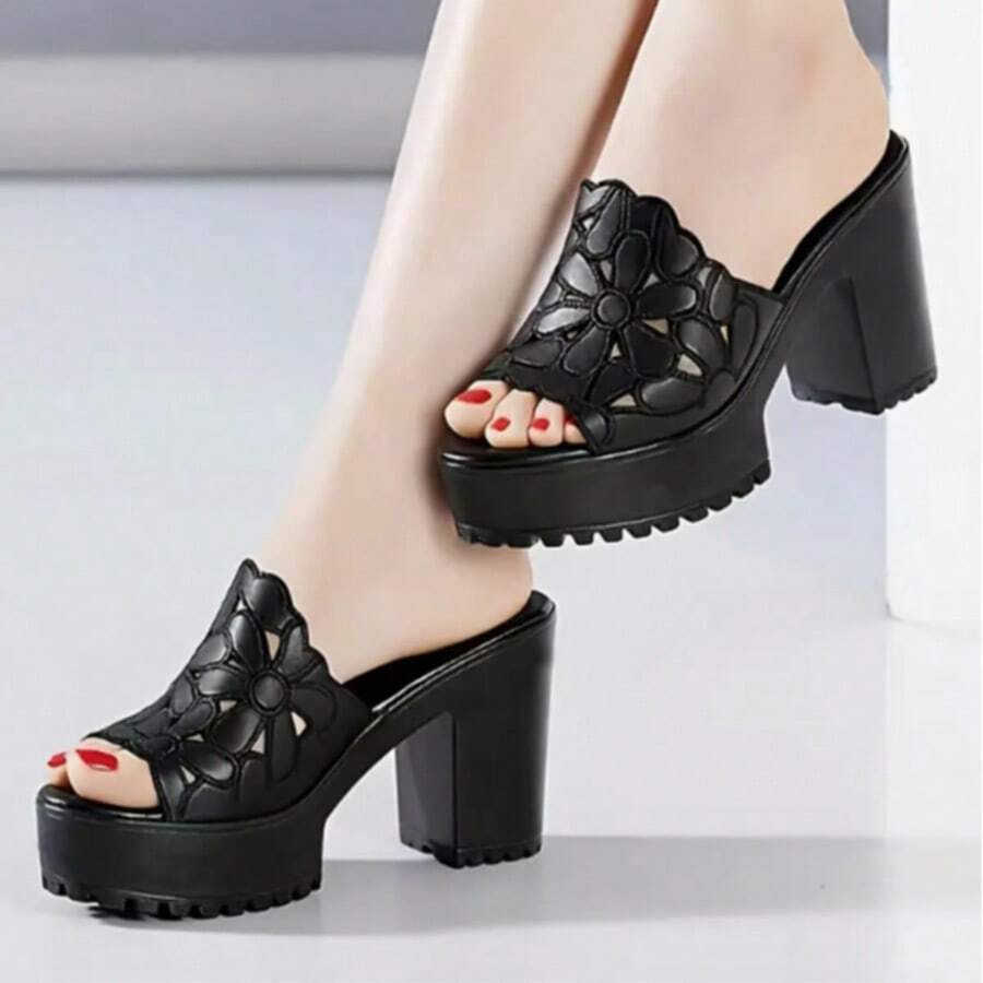 Women's Summer New Versatile Fashion Open Toe Peep Toe High Heel Sandals Slippers - Black - View 1