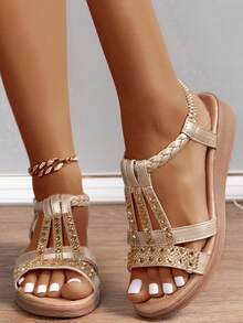 Bohemian Rhinestone Women's Sandals Comfortable Non-Slip Beach Shoes - Gold - View 2