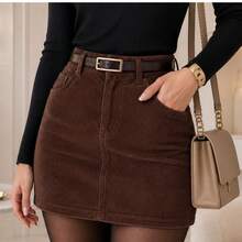 Women's Corduroy Mini Skirt With Elegant Belt High Waisted - 咖啡棕色 - 查看 13